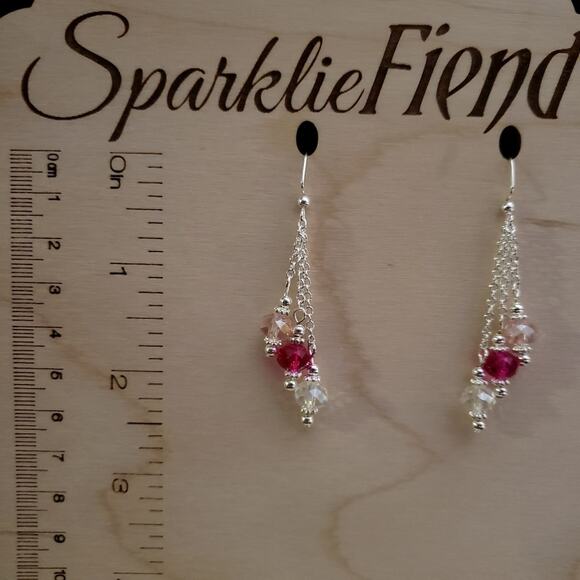 Fuchsia, pink and clear iridescent crystal rondelle earrings - Picture 3 of 4